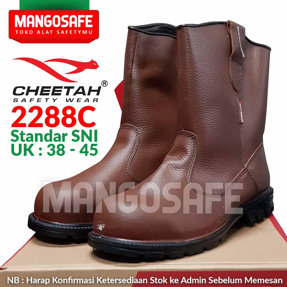Safety Shoes Cheetah 2288C Coklat / Sepatu Boots Tinggi Slip On 2288 C Tanpa Tali Tapak Karet Nitrile Rubber Pelindung Besi Anti Slip Tahan Minyak & Oli / Sepatu Kerja Mekanik Tukang Teknisi Proyek Pabrik Kebun Konstruksi Tambang Surveyor