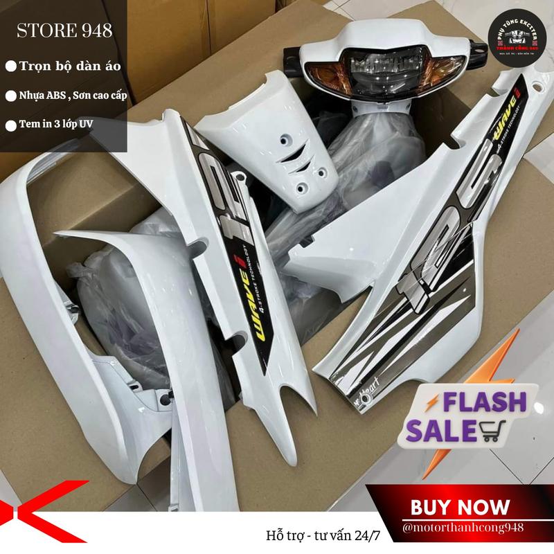 Dàn áo Wave alpha Trắng mẫu tem 125i - Tặng chóa đèn Phụ Kiện Phụ Tùng Sticker Decal Nhãn Dán