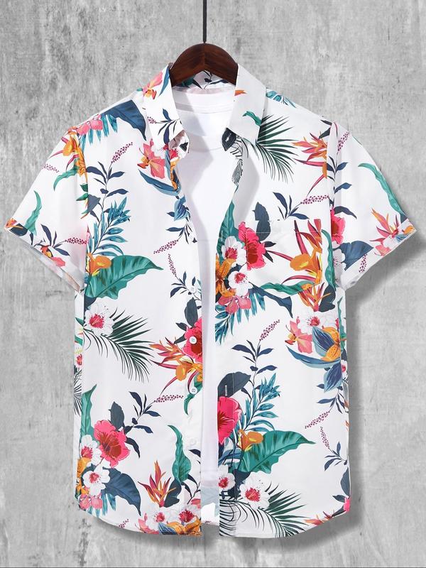 Men's Regular Fit Floral Leaf Print Pocket Button Front Shirt, Tropical Print Short Sleeve Collar Shirt, Boho Casual Men's Top for Summer Beach Vacation 2