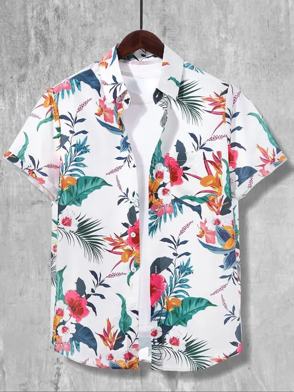 Men's Regular Fit Floral Leaf Print Pocket Button Front Shirt, Tropical Print Short Sleeve Collar Shirt, Boho Casual Men's Top for Summer Beach Vacation 2