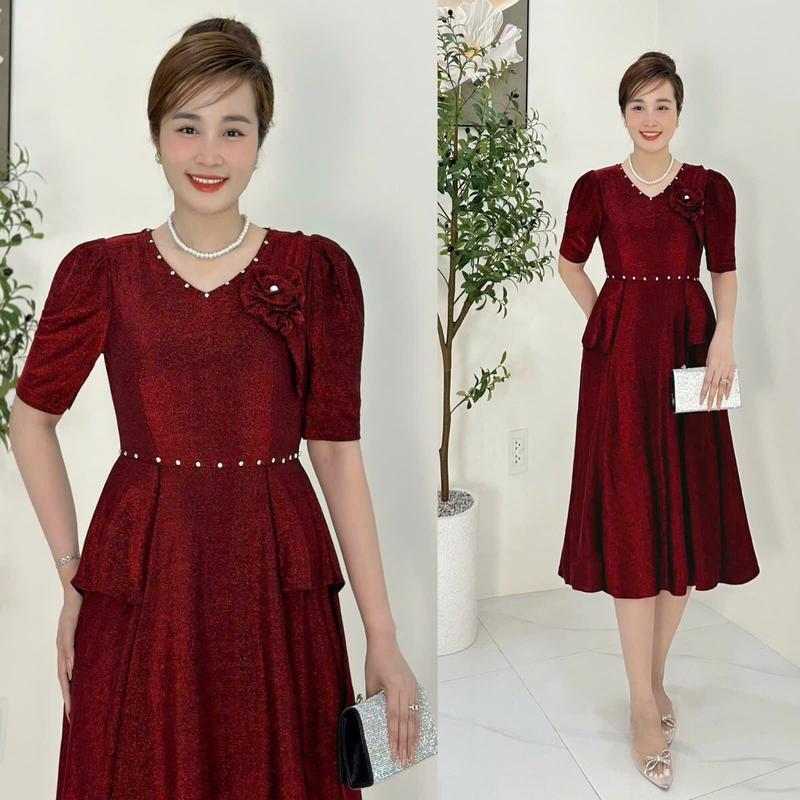 Đầm Trung Niên M672 Vải Nhủ co giãn đính đá DMC cho mẹ đi chơi dự tiệc Ôm gọn Thanh lịch Dress Váy Nữ Đỏ Women  Màu Trắng Thun Lệch Vai 1
