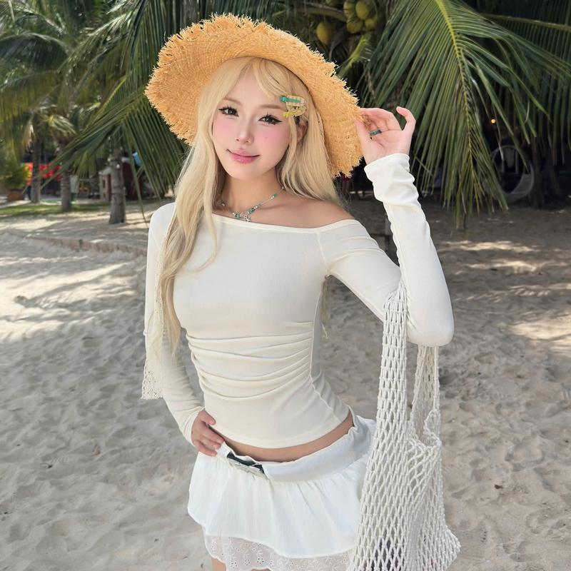 Calem Club - Áo Lệch Vai dài tay Nhún Eo chất liệu co giãn nhẹ dành cho nữ áo trễ vai 1 bên vai áo thun ôm body nữ