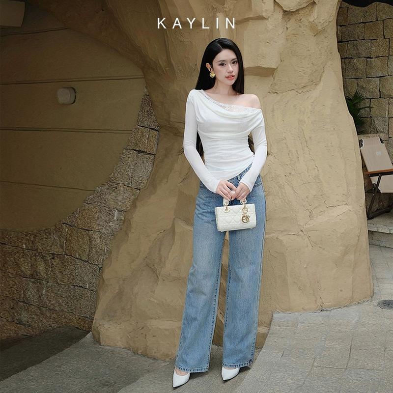 Quần Jean KAYLIN Basic form suông đính hạt chất vải denim dầy dặn phong cách - N2368 Nữ Women Pants