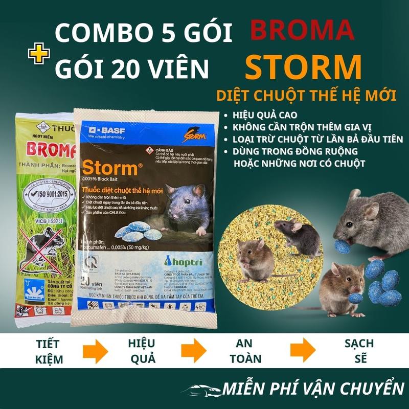 [ 5 gói BROMA+ gói 20 viên STORM ] Trừ chuột sinh học AN TOÀN - HIỆU QUẢ. tặng kèm 2 lọ diệt Kiến gián sinh học.