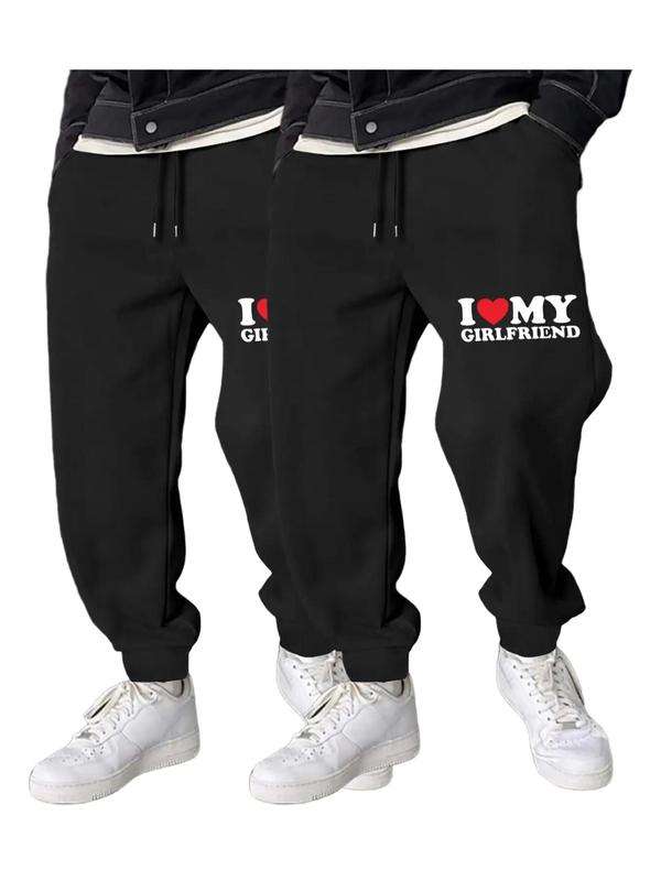 Men's "I Love My Girlfriend" Print Drawstring Sweatpants, Regular Fit Casual "I Love My GF" Print Pocket Jogger Pants, Fun Graphic Trousers 1