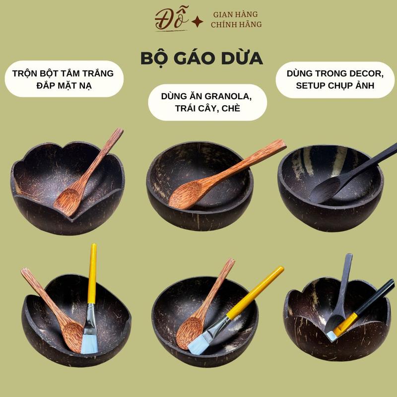 Bát chén gáo dừa và muỗng gỗ dùng trộn bột ăn hoa quả cùng granola trang trí nhà cửa bàn ăn Đỗ Shop bát trộn bột tắm