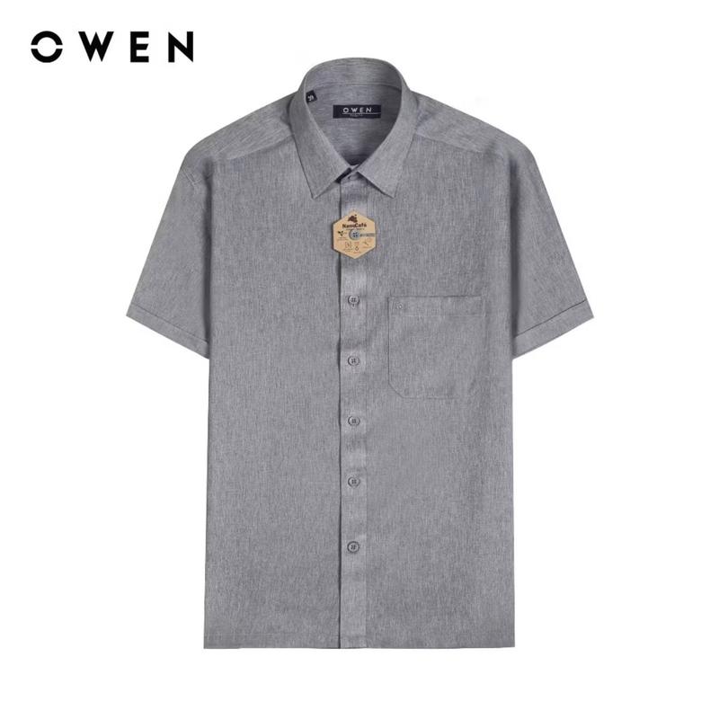 OWEN - Áo Sơ mi ngắn tay Owen vạt ngang chất cafe màu xanh trơn / ghi trơn 230719 / 230718 Menswear Nam