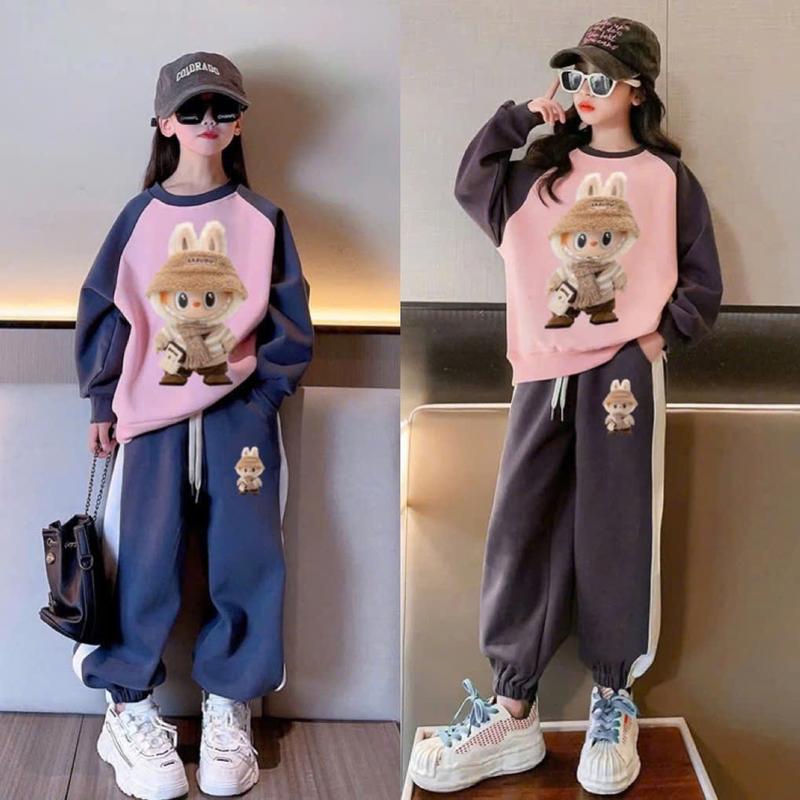 Bộ nỉ in hình labubu bé gái chất nỉ da cá mềm mịn bo tay bo gấu năng động size từ 17-47 kg đường may kĩ áo  khoác