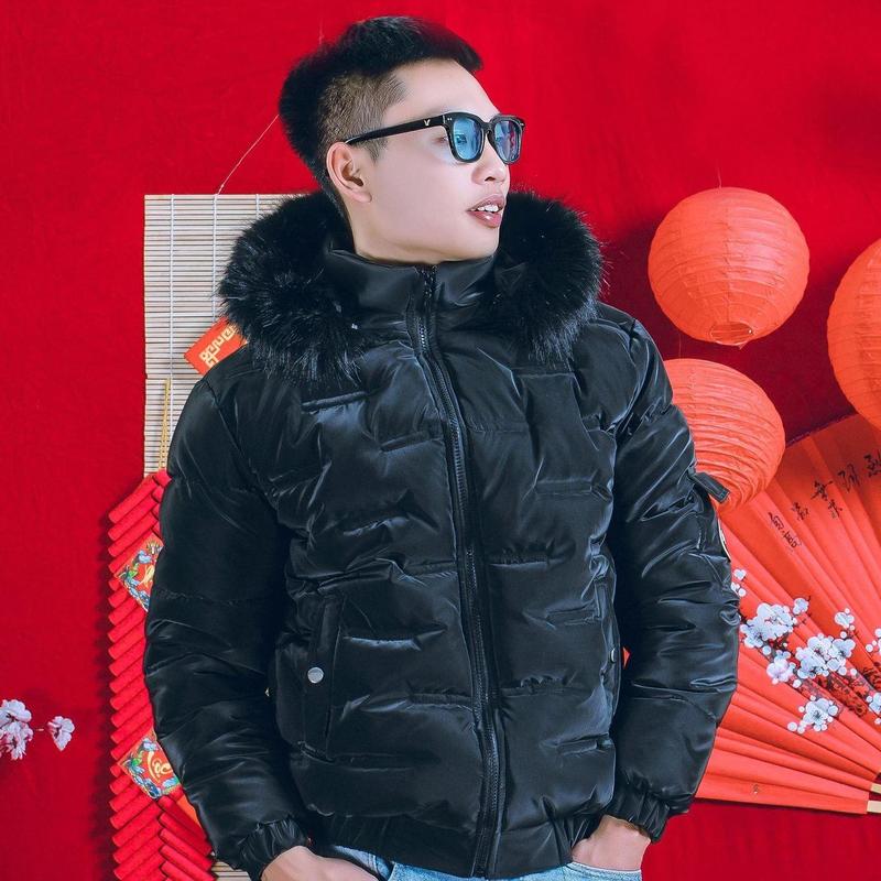 Áo Khoác Phao Nam Nhung Bóng Vân Ngang Mũ Lông Tháo Rời Menswear Jacket