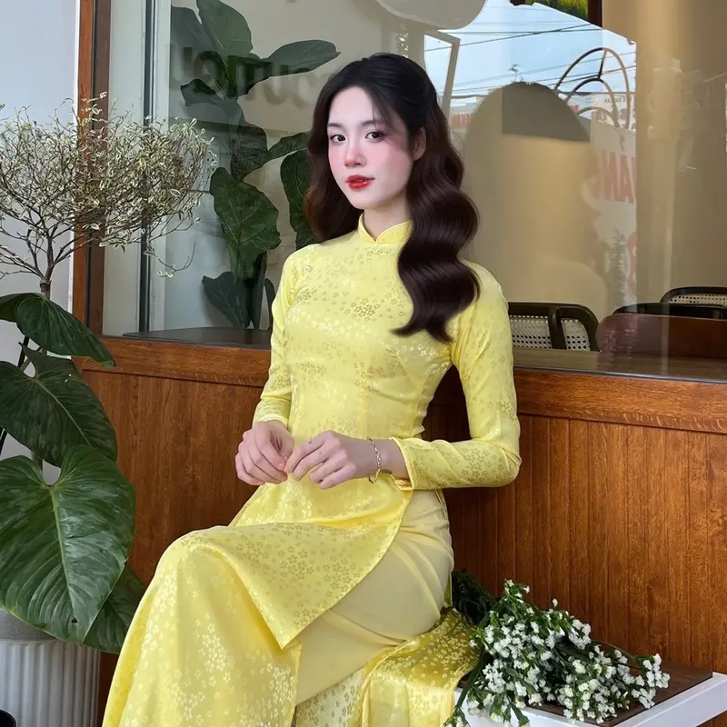 Bộ Áo dài Gấm Lụa Tơ Mềm cổ cao 2cm tay dài hoa nhí kèm quần lụa sang trọng  ( nhiều màu) Women 5