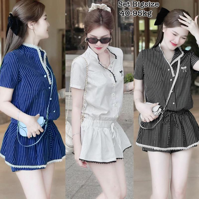 Thời Trang Bigsize - Set Bộ Áo Sọc Kẻ Túi Thêu Nơ và Quần Giả Váy Phối Ren Thiết Kế Cao Cấp Hot Hit Nữ Cao Cấp Xinh Đẹp Sang Trọng Dễ Thương Giá Rẻ 40-95kg Nhung Kem Voi Women Sen