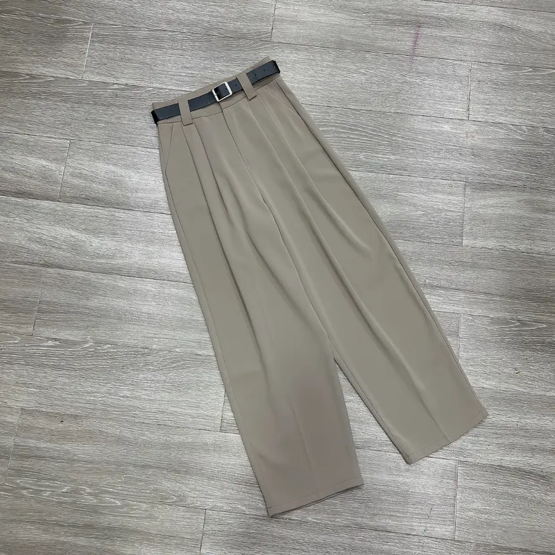 Quần Baggy Công Sở Lưng Cạp Cao Dáng Thụng Chất Vải Gold Nhật Cao Cấp Kèm Đai [Hàng Thiết Kế Cao Cấp Chathimy] Nữ Women tây Kem Pants Nhung Lưng Cao Kaki 2