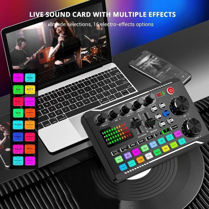 F998 Live Sound Card, USB Rechargeable Live Sound Card Audio Mixer, Sound Card for Live Streaming, DJ Music Mixer for Live Streaming/Gaming 7