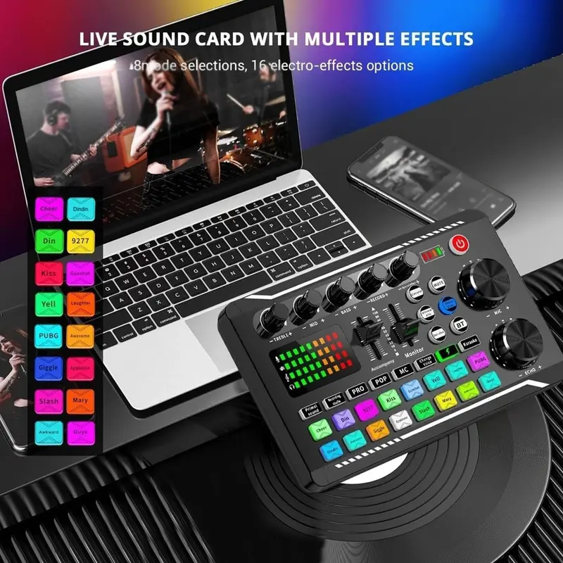 F998 Live Sound Card, USB Rechargeable Live Sound Card Audio Mixer, Sound Card for Live Streaming, DJ Music Mixer for Live Streaming/Gaming 7