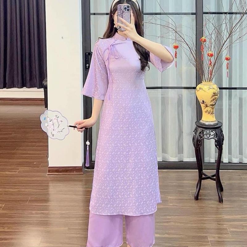 Áo dài gấm màu tím nhạt hoạ tiết chuồn chuồn dáng ôm eo Nữ Women 1
