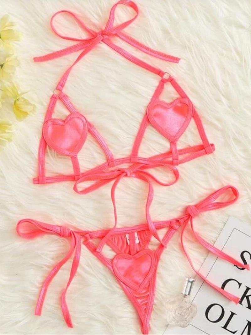 Product Introduction of Women's Heart Design Cut Out Ring Linked Sexy Lingerie Set, Chic Sexy Halter Neck Tie Back Bra & Tie Side Thong Set, Ladies Underwear Set for Indoor Wear 16
