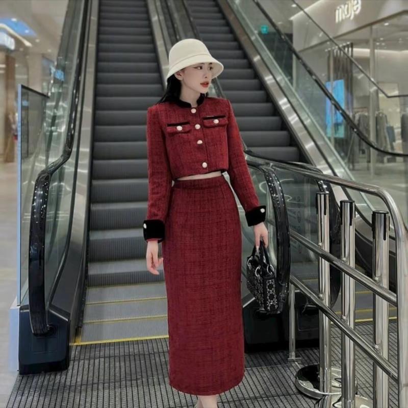 Sét Dạ Áo Phối Nắp Túi Cổ Tàu Chân Váy Dáng Dài Hàng 2 Lớp Ép Mùng Dày Dặn Top Ghi Women Nhung Jacket