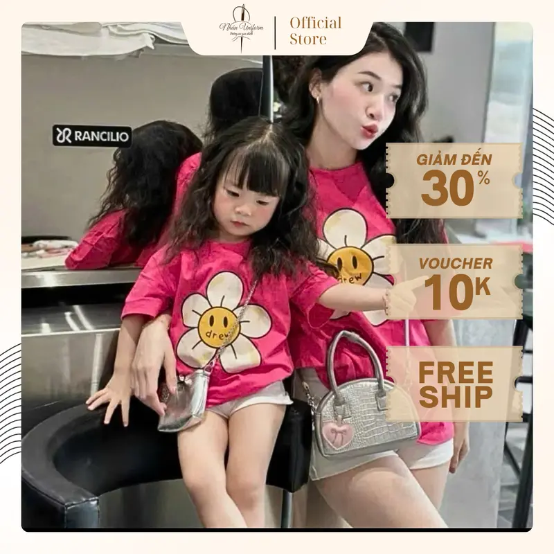 Áo thun gia đình màu hồng bông hoa xinh xắn, đủ size, co giãn tốt - Áo gia đình Nhân Uniform 0