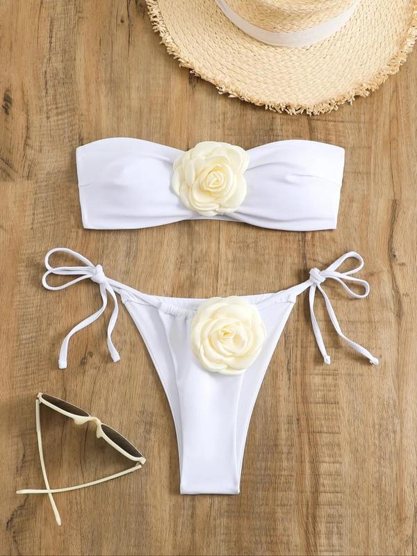 Two-Piece Set Women's Plain Appliques Knot Bandeau Bikini Set, Casual Strapless Swim Bra & Tie Side Swim Panty Set, Ladies Summer Swimwear for Beach Holiday Vacation 3