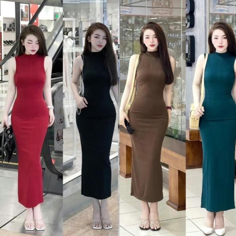 đầm cổ cao ba lỗ sát nách chất gân mềm dáng dài maxi u Nữ Dress mã d88