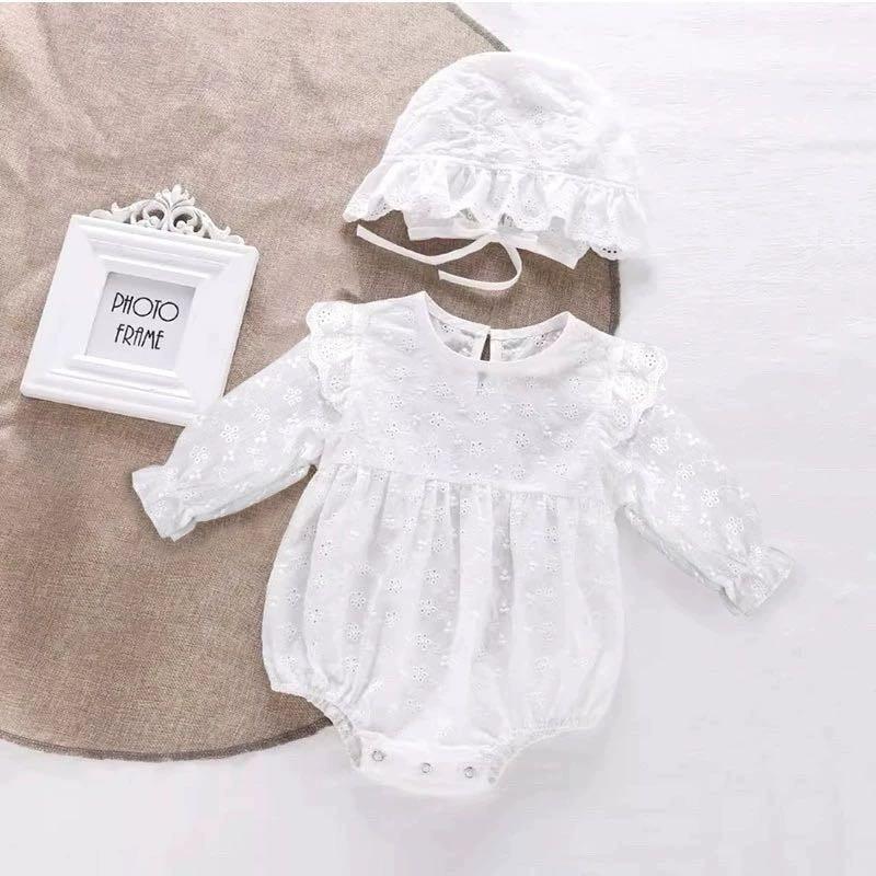 Bộ Đồ Liền Thân Dài Tay Thô Thêu Hoa Cotton Kèm Mũ LOTUKA Cho Bé Gái, Bodysuit Cho Bé, Quần Áo Trẻ Em Size 3-12kg