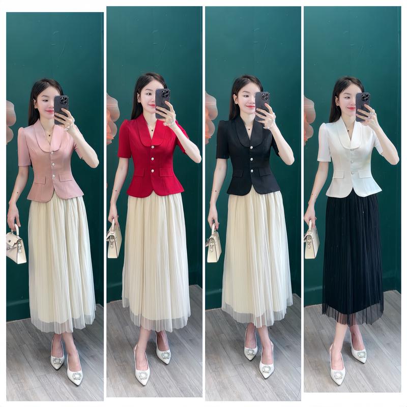 Áo nữ kiểu Cổ Vest Cách Tân thời trang công sở thường thiết kế thanh lịch Màu Đỏ hồng và trắng Top Women Voan Voi