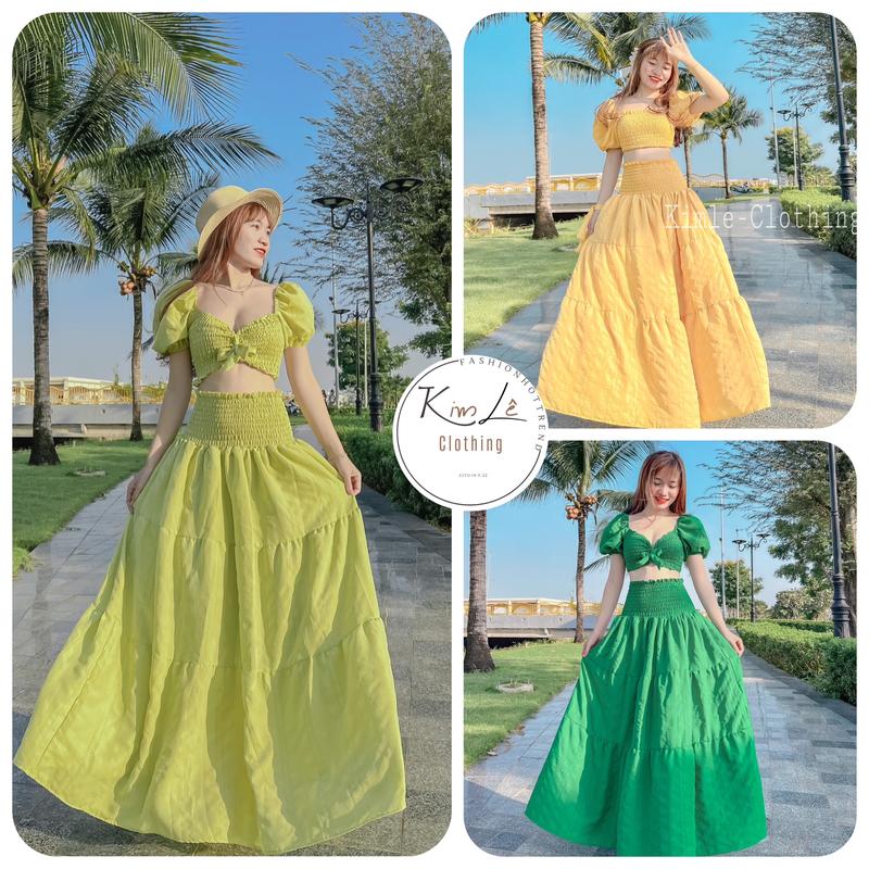 Set Mocking Maxi Áo Croptop Tay Phồng Phối Chân Váy Xoè Bồng Bềnh Mặc Được 2 Kiểu Du Lịch Sống Ảo Chất Xốp Chỉ Freesize <57kg Nữ
