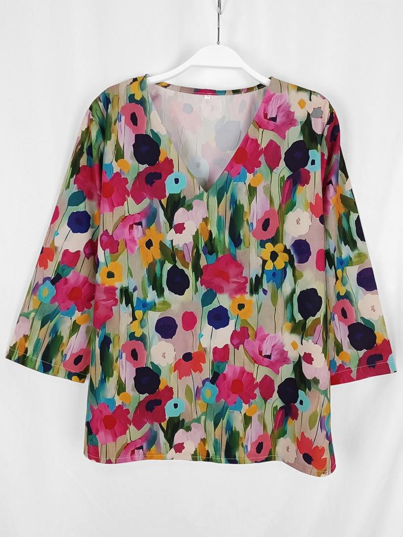 Product Introduction of Women's Floral Print  Shirt, Casual V Neck  Top for Summer, Women's Clothing for Daily Wear 2