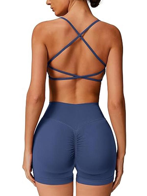 Women's Criss Cross Backless Crop Sports Bra & High Waist Shorts Sports Set, Breathable Comfortable Sports Set for Yoga Gym Workout Running, Ladies Sportswear for All Seasons 0