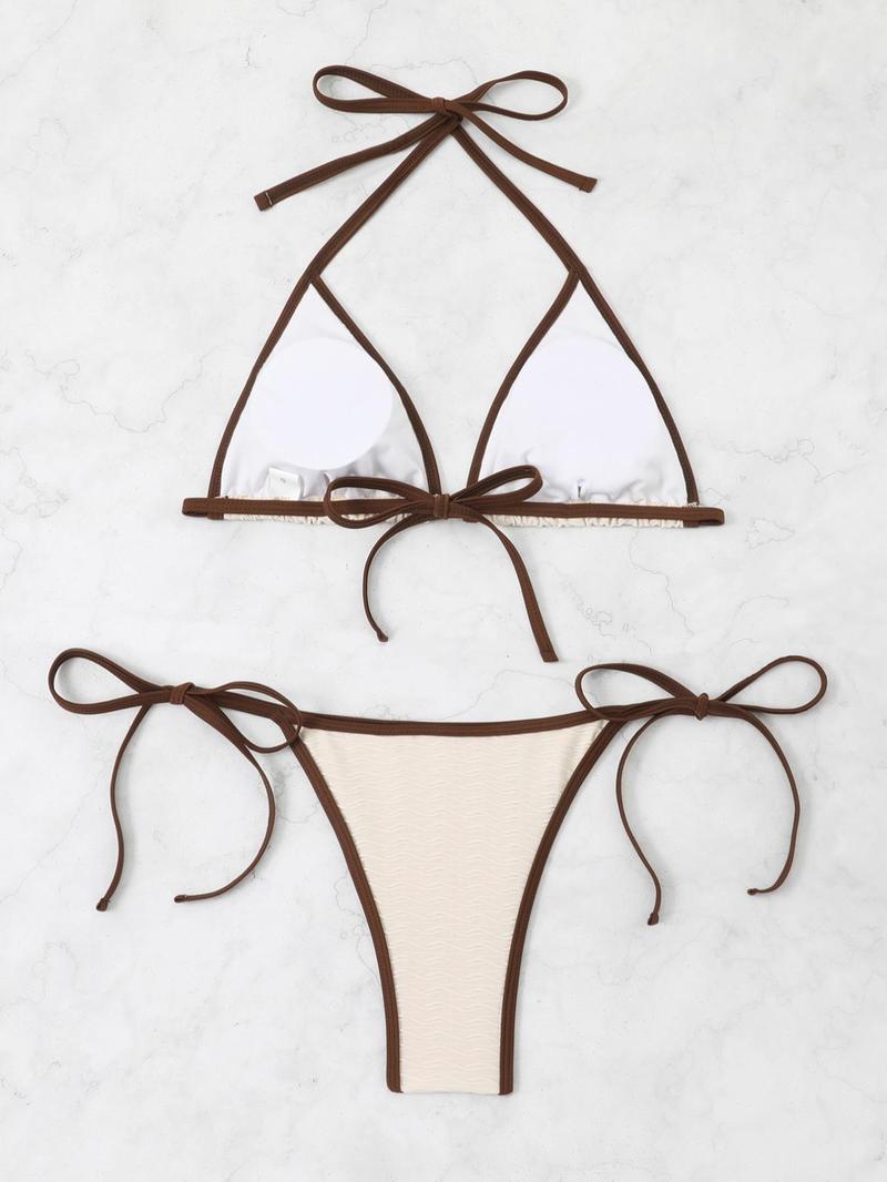 Product Introduction of Two-Piece Set Women's Boho Contrast Binding Bikini Swimsuit, Halter Neck Tie Back Triangle Swim Bra & Tie Side Swim Bottom, Ladies Summer Swimwear for Beach Holiday Vacation 14