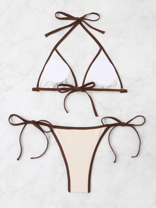 Two-Piece Set Women's Boho Contrast Binding Bikini Swimsuit, Halter Neck Tie Back Triangle Swim Bra & Tie Side Swim Bottom, Ladies Summer Swimwear for Beach Holiday Vacation 3