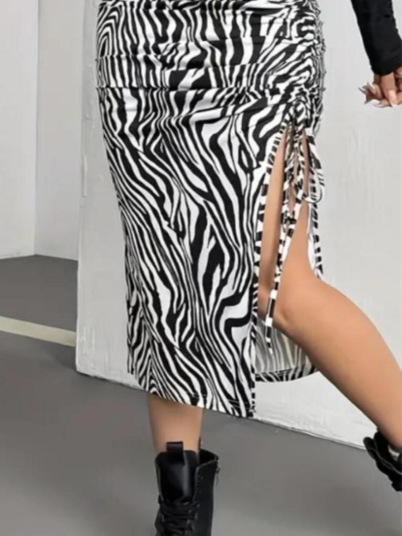 Product Introduction of Women's Zebra Stripe Print Ruched Drawstring Skirt, Fashion Casual Midi Skirt for Daily Outdoor Wear, Ladies Bottoms for All Seasons 7