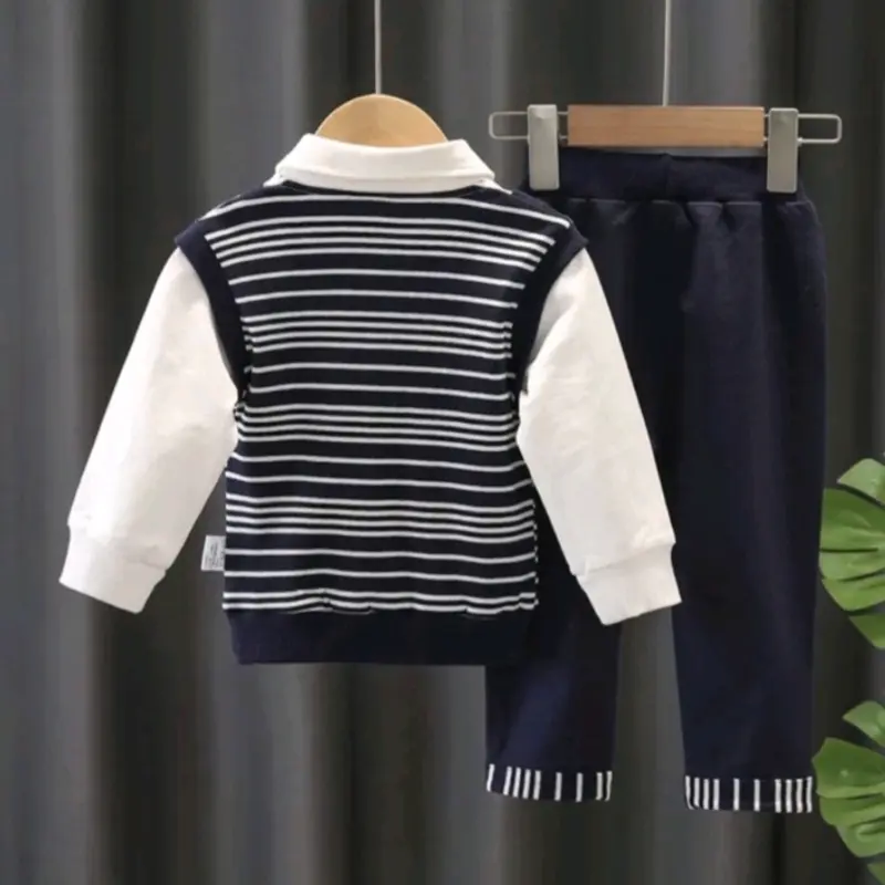 Baju bayi Cowok 6 12 bulan 1 2 3 Tahun Kemeja Lengan Panjang Set Rompi Navy biru Katun Bunda Laki-Laki Parsel Blue 4
