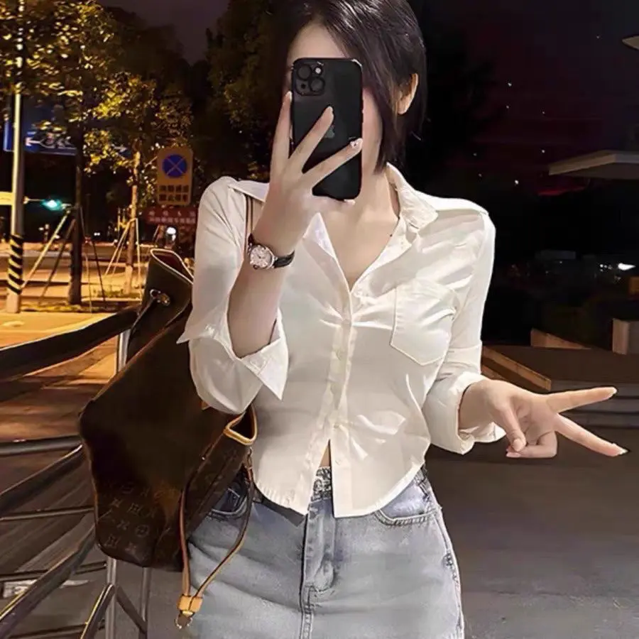 New Hot Girl Waist-Tight Long-Sleeved Shirt Women's College Style Pure Desire Style All-Match White Shirt Inner Slim-Fit Solid Color Top Womenswear Blouse Lingerie Basic Collar Collared Minimalist Comfort