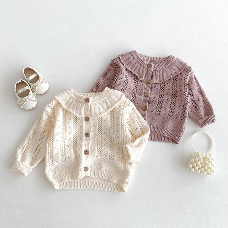 Product Introduction of Korean Baby Girl Autumn Hollow Out Sweater Cardigan Kids Fashion Cotton Ruffle Collar Knitted Jacket Spring Solid Outerwear Coat 9