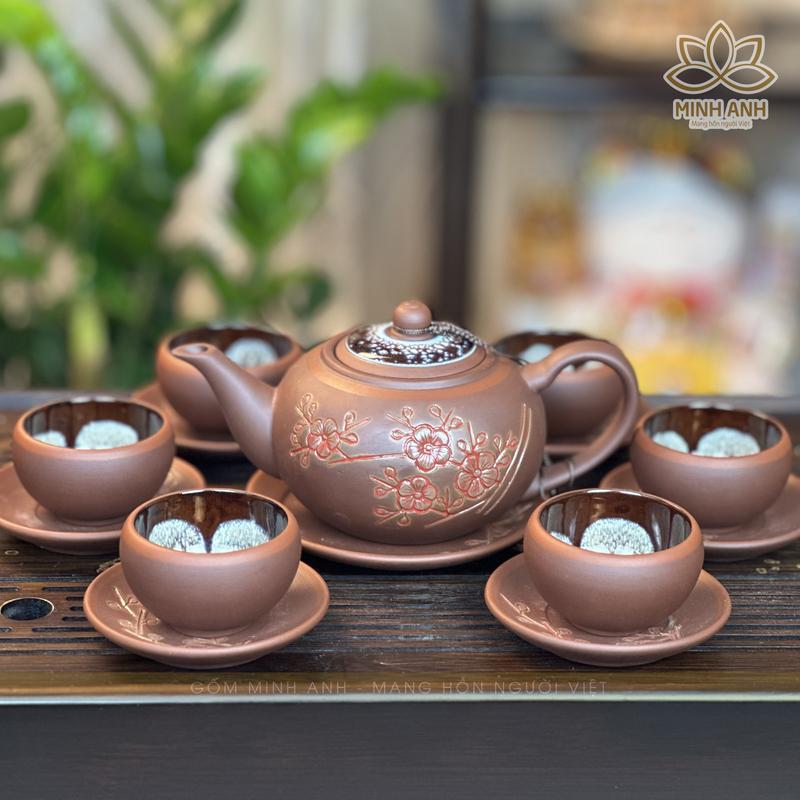 Bộ ấm chén Tử Sa Bát Tràng nghệ nhân ưu tú Vương Mạnh Tuấn dáng Tống khắc họa tiết Hoa Đào