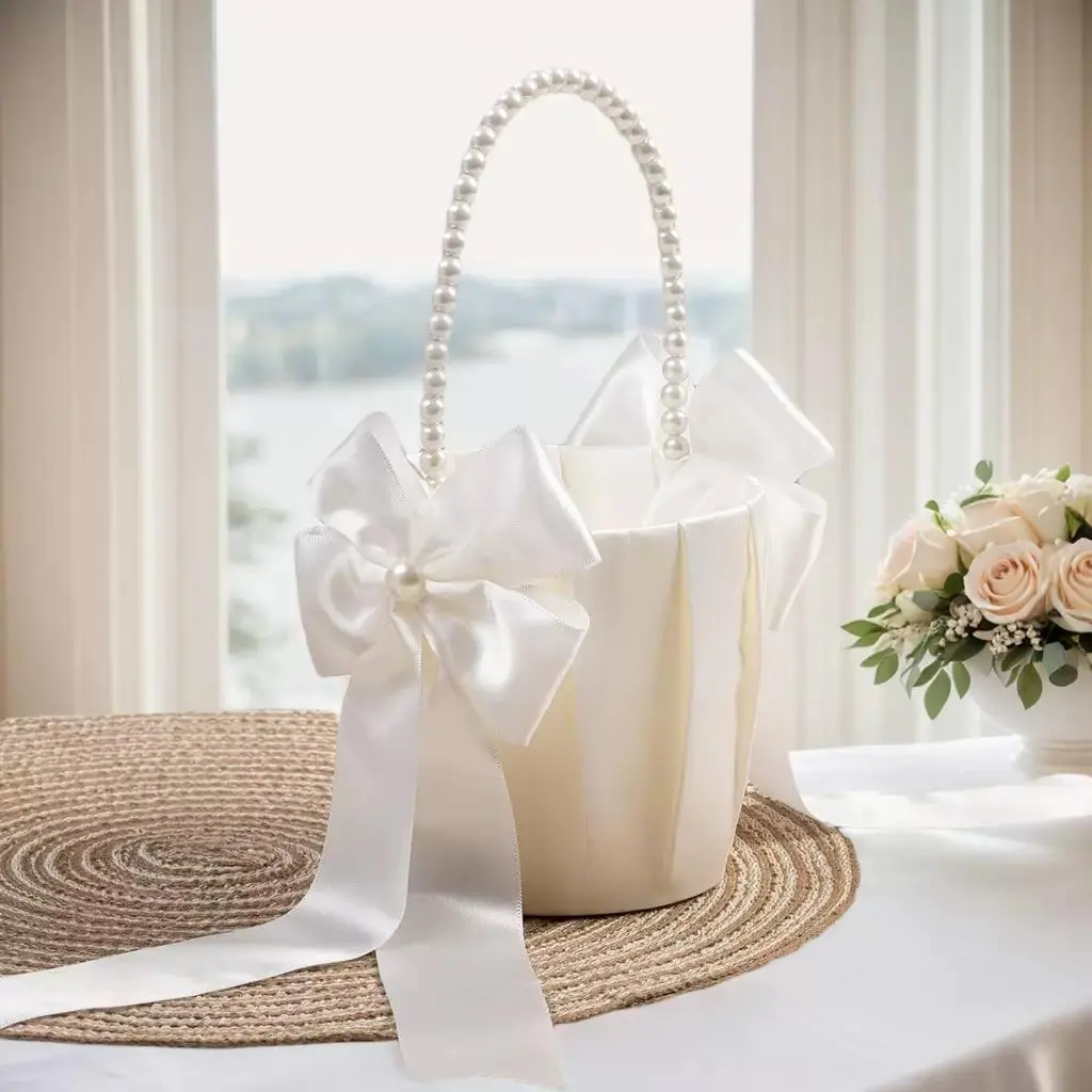 Wedding Flower Basket with Pearl Handle & Bowknot, 1 Count Solid Color Exquisite Flower Basket, Flower Decoration Supplies for Wedding Party