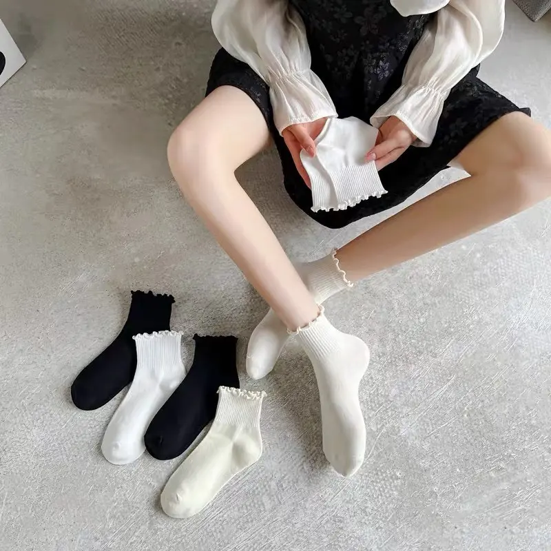 Set 5 Tất Cổ Cao Nữ Bèo Nhún, Vớ Bèo Nhún Nữ Cổ Cao Màu Trơn Basic Thời Trang Vintage Hàn Quốc M122 Women 2