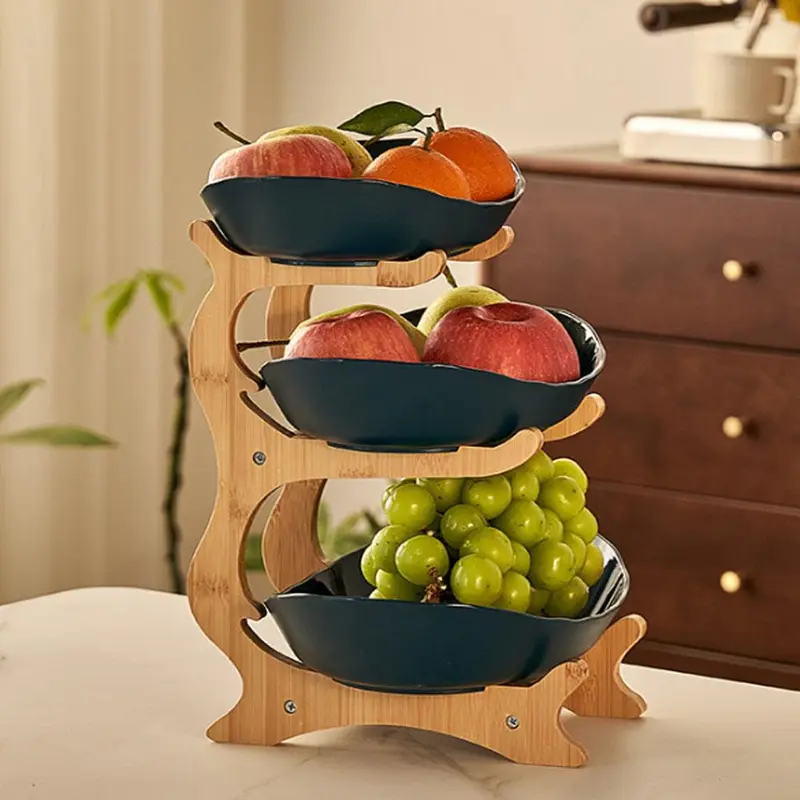 Fruit Bowl Set, 1 Count 2/3 Layer Fruit Snack Storage Bowl with Wooden Stand, Multifunctional Fruit Organizer for Home Kitchen Restaurant, Rack 5