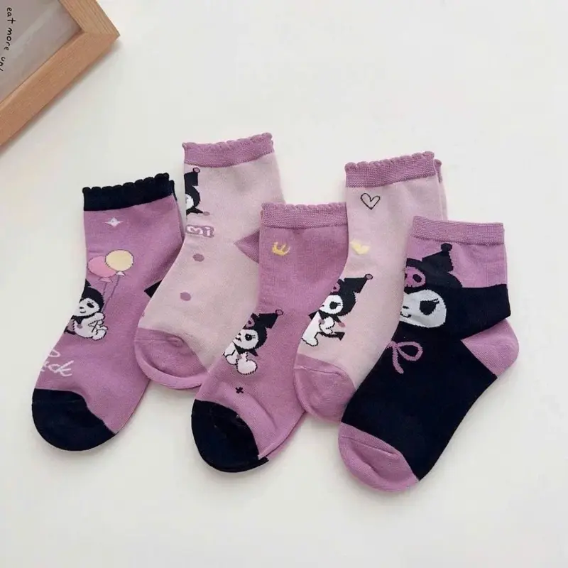 Set 5 Đôi Tất Cao Cổ Cho Bé Gái Họa Tiết Kuromi Tím Đậm Mẫu Mới Phong Cách Nhật Siêu Hot Te33 7