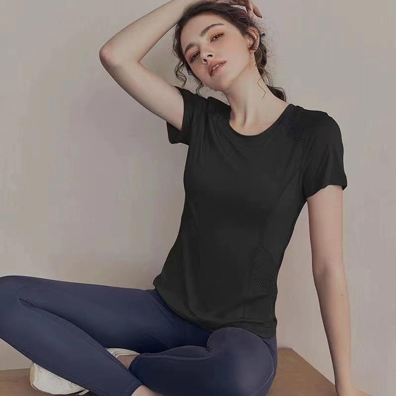 Woman-Yoga Clothes Summer Mesh Stitching Short Sleeve Sports Thin Breathable T-shirt Running Quick-Drying Fitness Dancing Daily 6