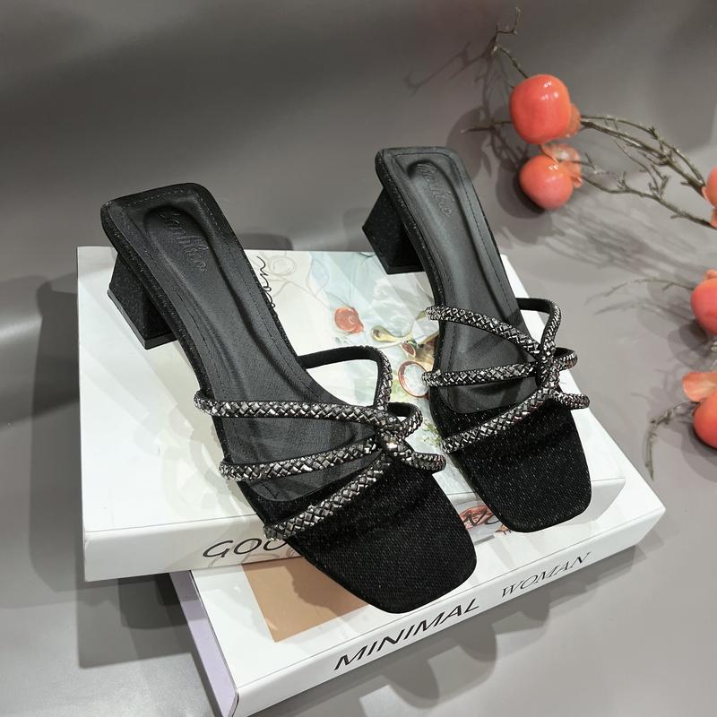  Dép cao gót mũi vuông dây đính đá cao 4cm sang trọng cao cấp trẻ trung Xưởng Giày Bánh Bèo mã DéP Nữ DanVuong Shoes 
