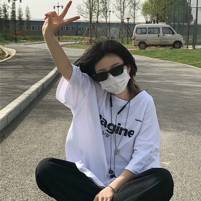 1725#[Milk Silk] Short-Sleeved T-shirt Female Ins Trendy Korean Style Loose Student White Easy Matching Clothes