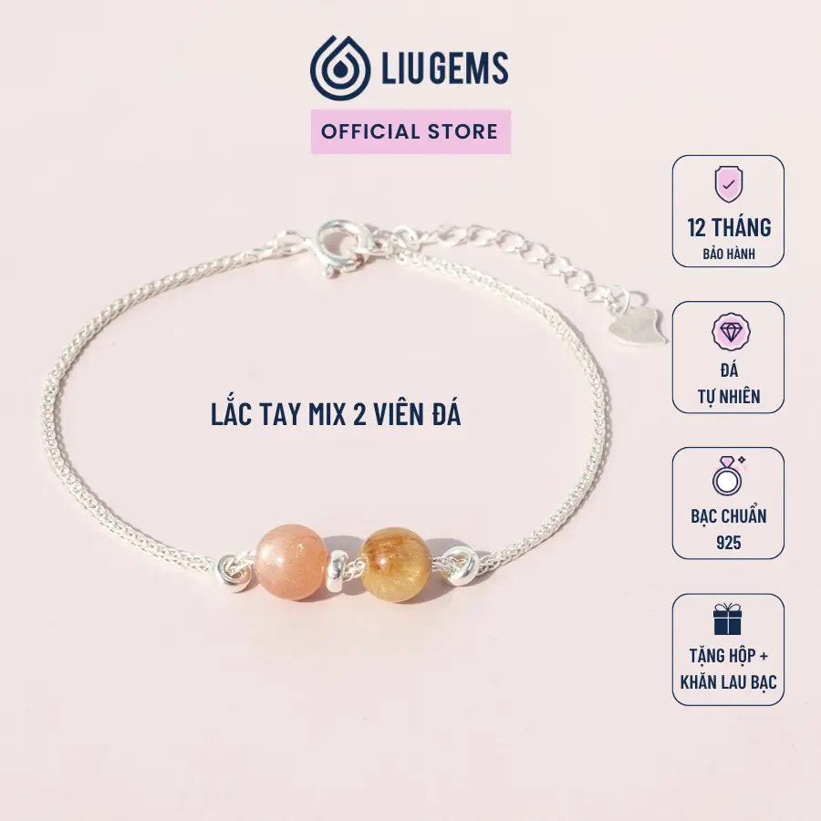 Vòng Tay Bạc 925 Nữ Đính 2 Viên Đá Liugems Phong Thuỷ Tự Nhiên Handmade Mix Charm Bi Mini Size Nhỏ Tinh Tế VB02 (Mua một, tặng một hộp đựng trang sức + một khăn lau bạc miễn phí)