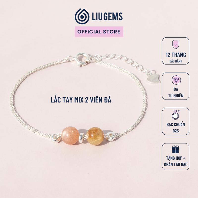 Vòng Tay Bạc 925 Nữ Đính 2 Viên Đá Liugems Phong Thuỷ Tự Nhiên Handmade Mix Charm Bi Mini Size Nhỏ Tinh Tế VB02 Mua một tặng một hộp đựng trang sức + một khăn lau bạc miễn phí