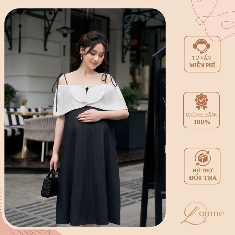 Váy bầu đầm bầu HALEY Dress thiết kế vai cách điệu phối dây sang trọng, hiện đại, chất liệu chéo hàn mềm phù hợp mẹ bầu đi tiệc, dạo phố Lamme BE HAPPY . BE MOMMY