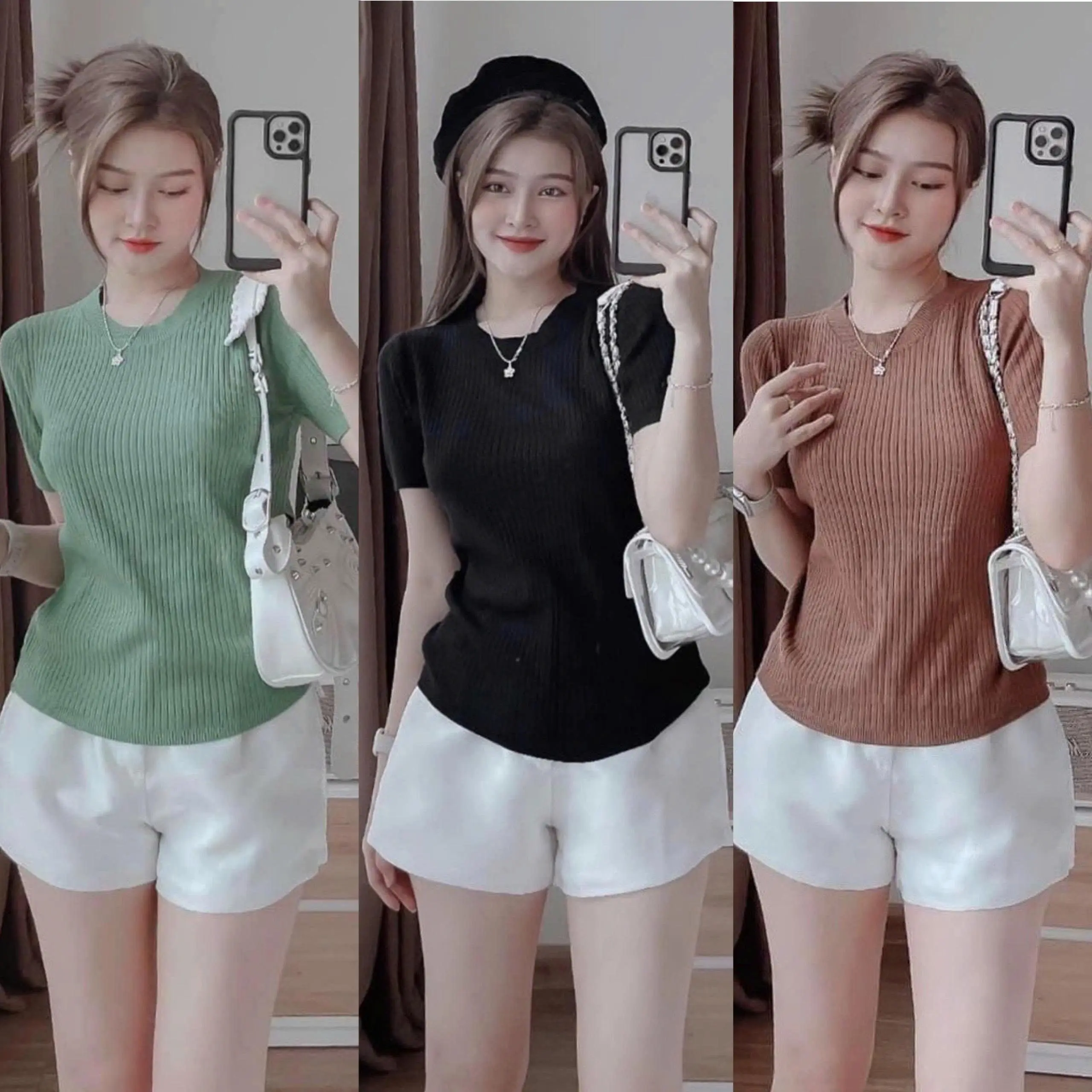 Áo Thun Gân Tăm Bigsize Cổ Tròn Nữ Xinh Đẹp Dễ Thương Giá Rẻ Freesize 50-95kg Women Top áo  thun  bigize đẹp Màu Nâu áonuxinh 1047