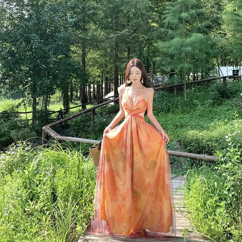 Original & In Stock] Orange Floral Print Fairy Pure Desire Strap Long Sheer  Dress - TikTok Shop Philippines