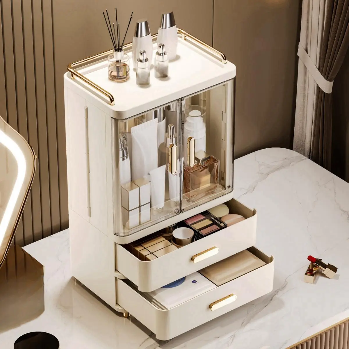 2 Drawers Design Makeup Storage Box, Large Capacity Dust-proof Skincare Storage Organizer, Desktop Makeup Organizer for Bedroom Bathroom