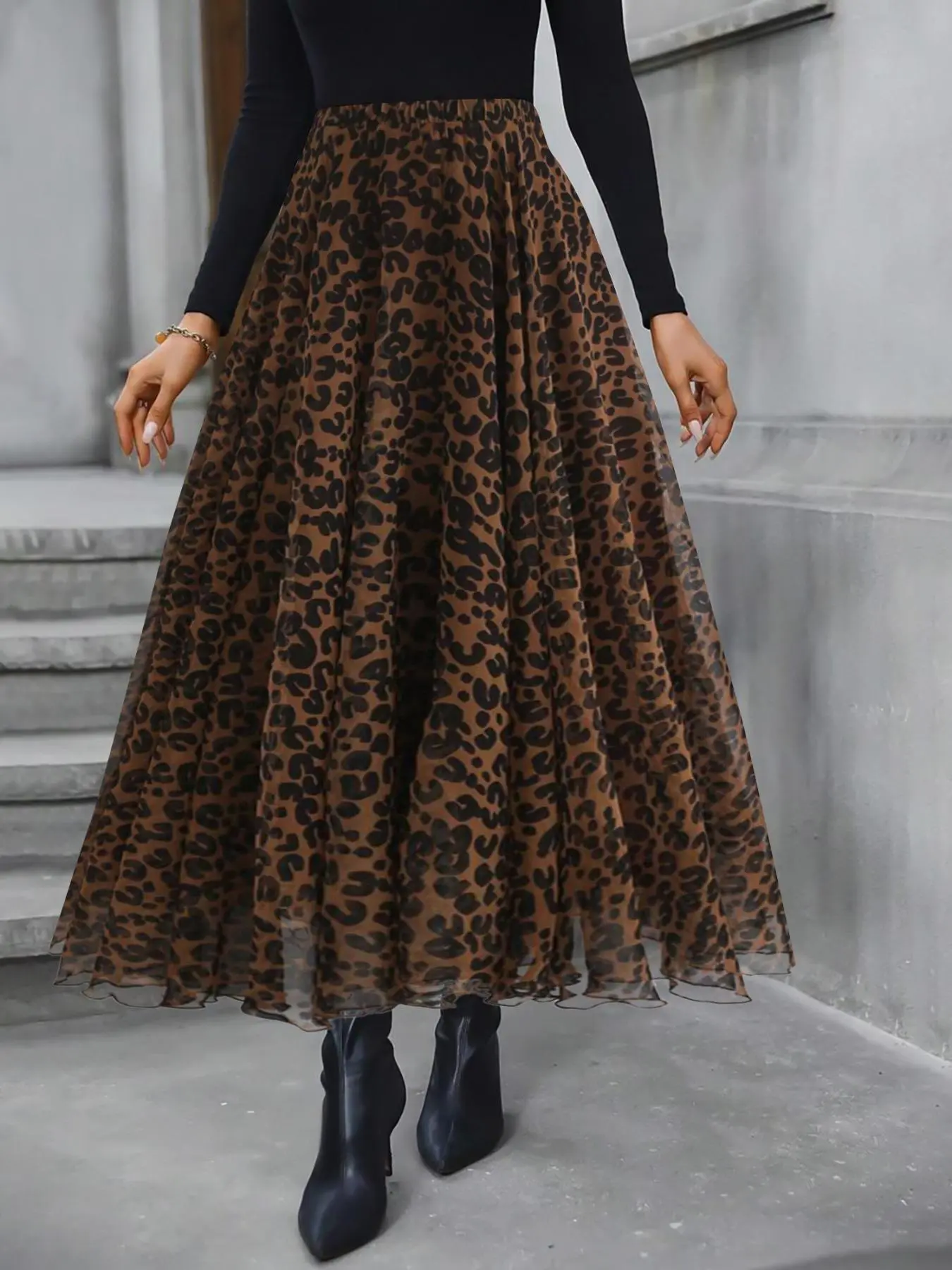 Women's Leopard Print Elastic Waist Flared Skirt, Elegant Fashion Casual Midi Skirt for Daily Outdoor Wear, Women's Skirt for Fall & Winter, Womenswear